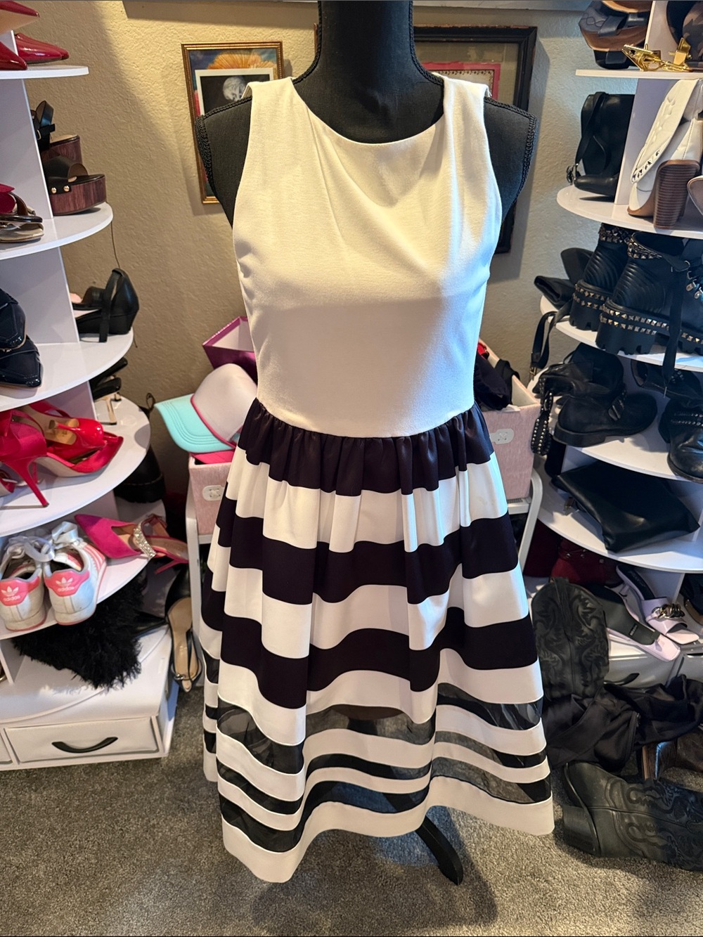 Alice + Olivia White Sleeveless Maxi Dress with Black Striped Skirt